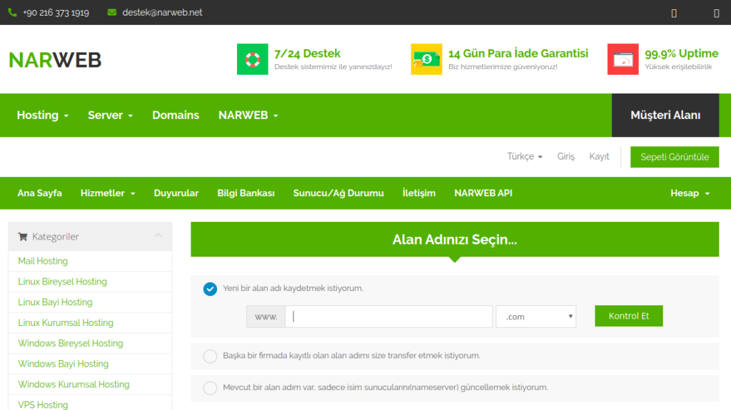 Narweb Hosting Alan Adı kayıt ekranı