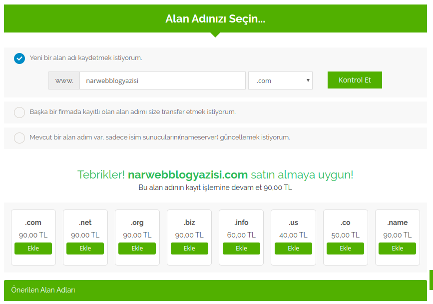 Narweb Hosting Alan Adınızı seçin