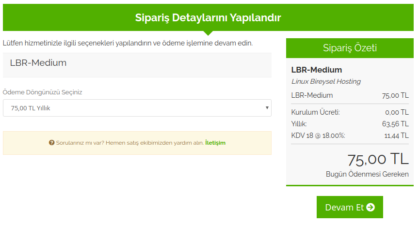 Narweb Hosting Sipariş Detayları ekranı