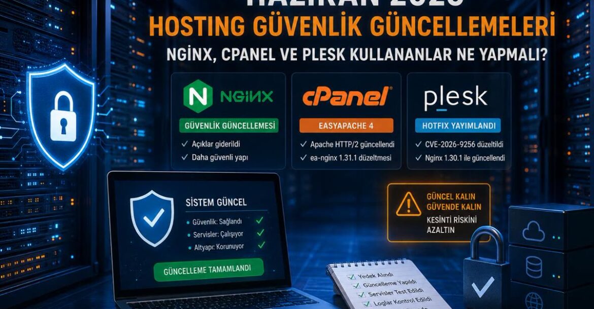Haziran 2026 hosting güvenlik güncellemeleri: Nginx, cPanel ve Plesk