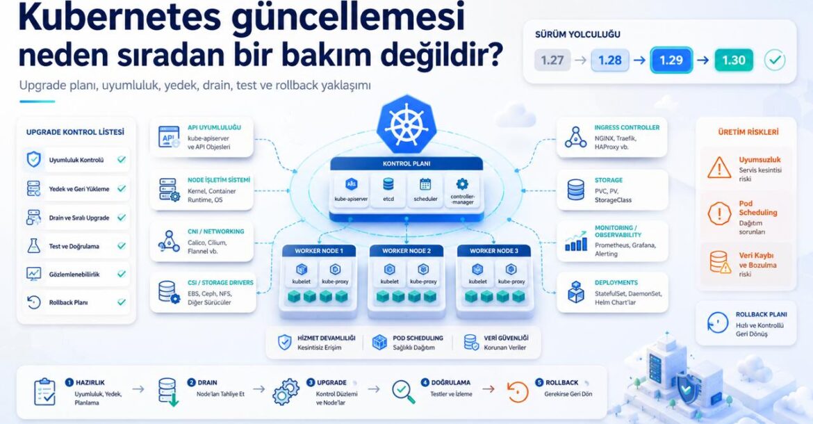 Kubernetes cluster güncellemesi için uyumluluk, yedekleme, node drain, test ve rollback adımlarını gösteren teknik infografik