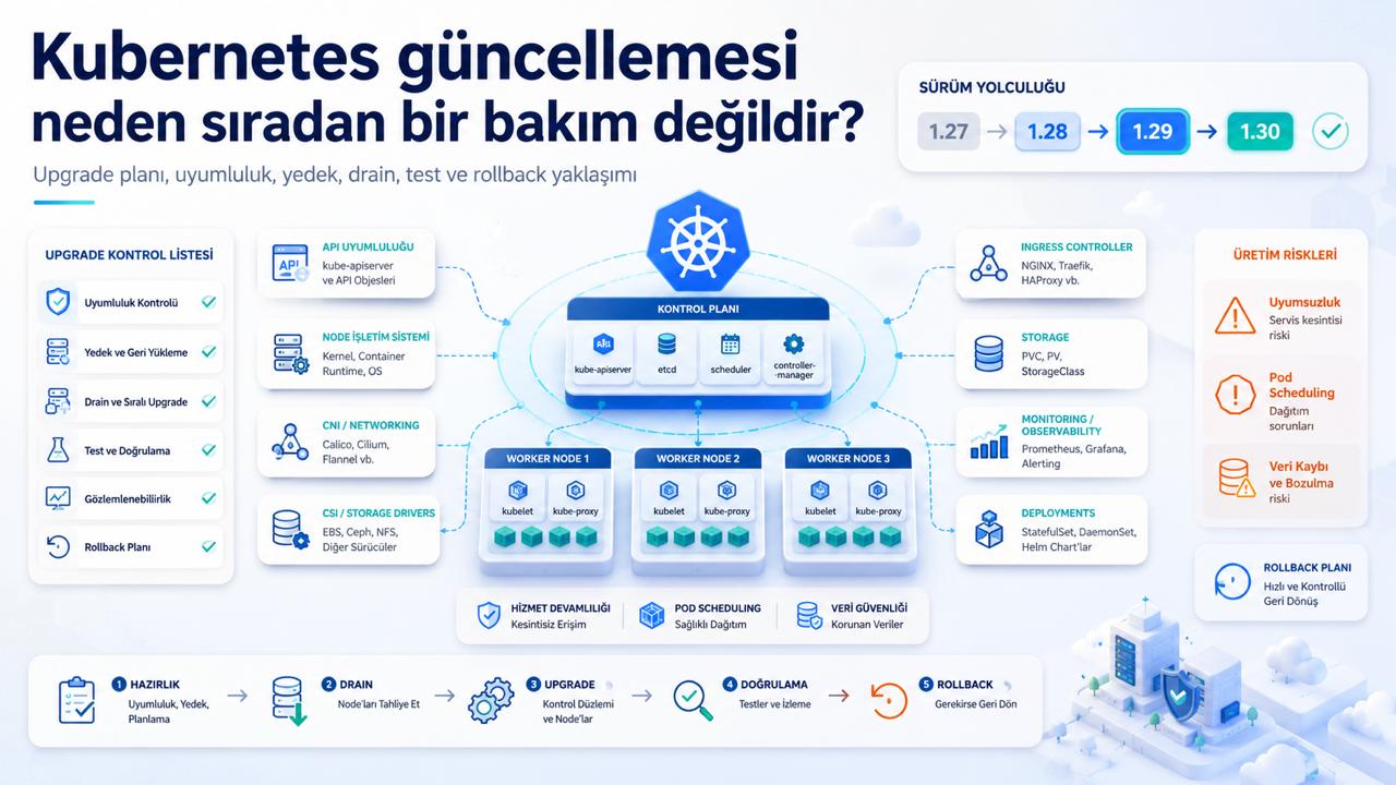 Kubernetes cluster güncellemesi için uyumluluk, yedekleme, node drain, test ve rollback adımlarını gösteren teknik infografik