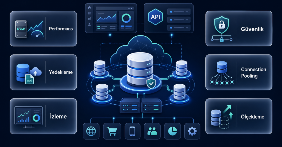 PostgreSQL hosting seçiminde performans, yedekleme, izleme, güvenlik, connection pooling ve ölçekleme başlıklarını gösteren veritabanı altyapısı görseli