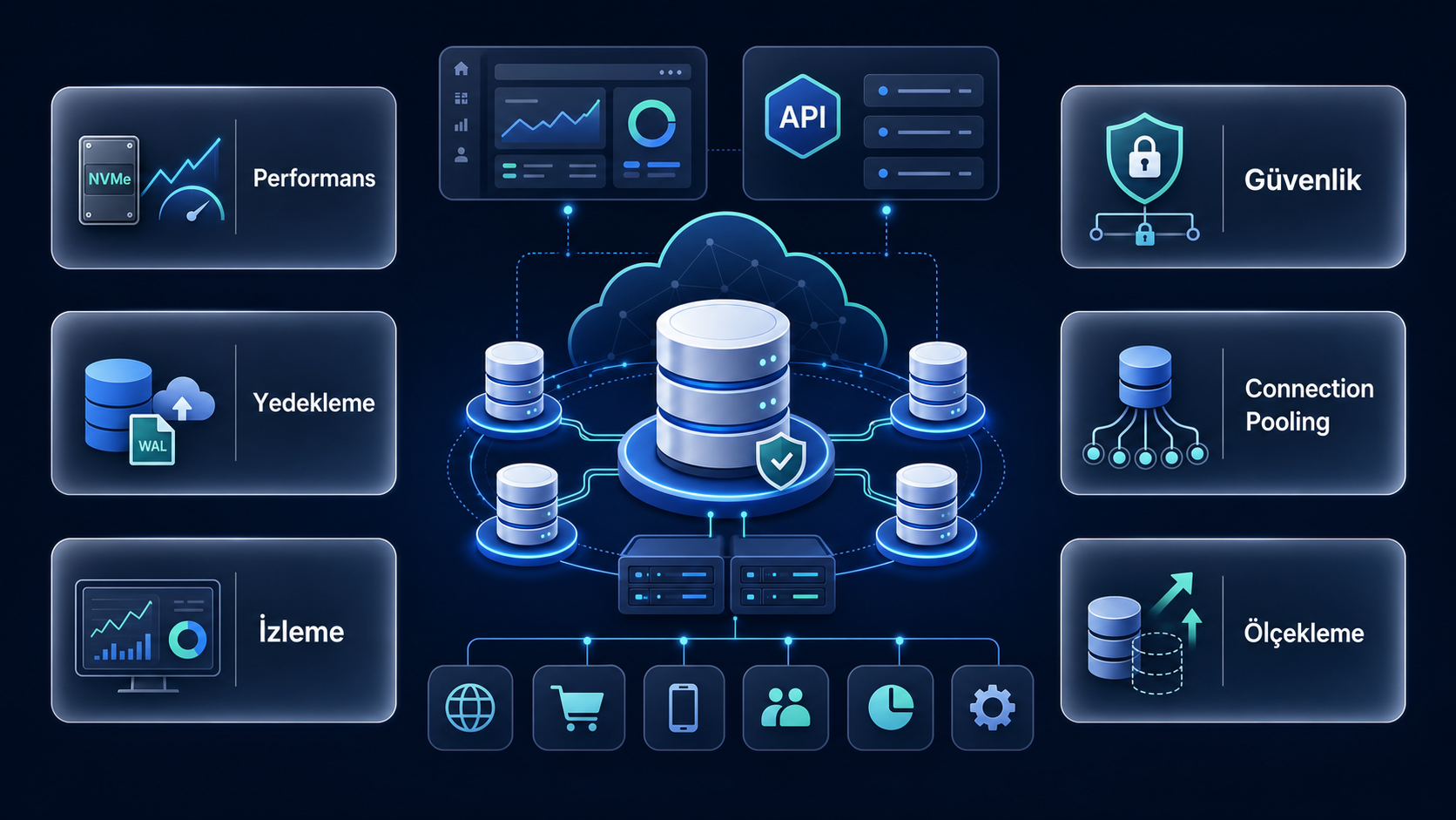 PostgreSQL hosting seçiminde performans, yedekleme, izleme, güvenlik, connection pooling ve ölçekleme başlıklarını gösteren veritabanı altyapısı görseli