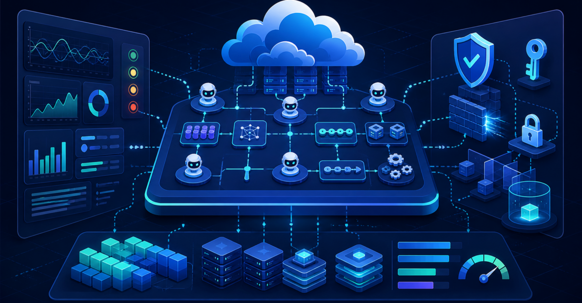 AI agent hosting izleme, güvenlik ve maliyet kontrolünü gösteren Narweb mavi tonlarında teknik kapak görseli