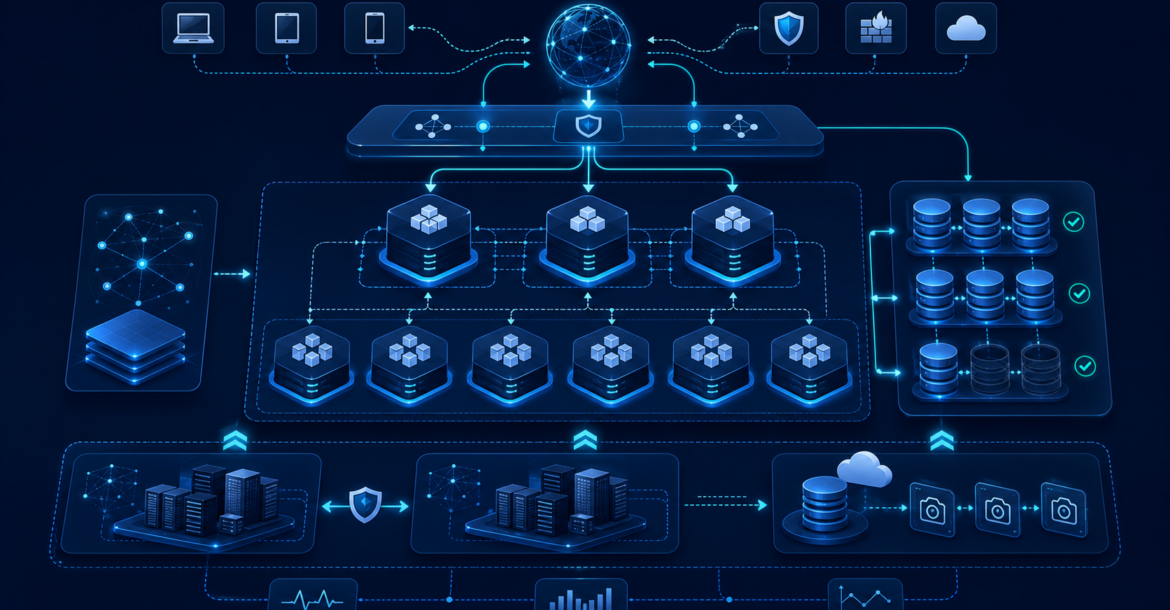 Kubernetes cluster için yüksek erişilebilirlik, ingress ve storage kararlarını gösteren teknik kapak görseli