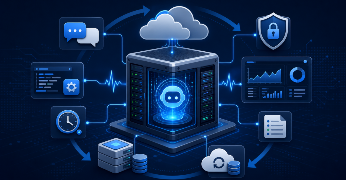 AI agent, n8n workflow ve bot otomasyonları için 7/24 cloud sunucu altyapısı illüstrasyonu