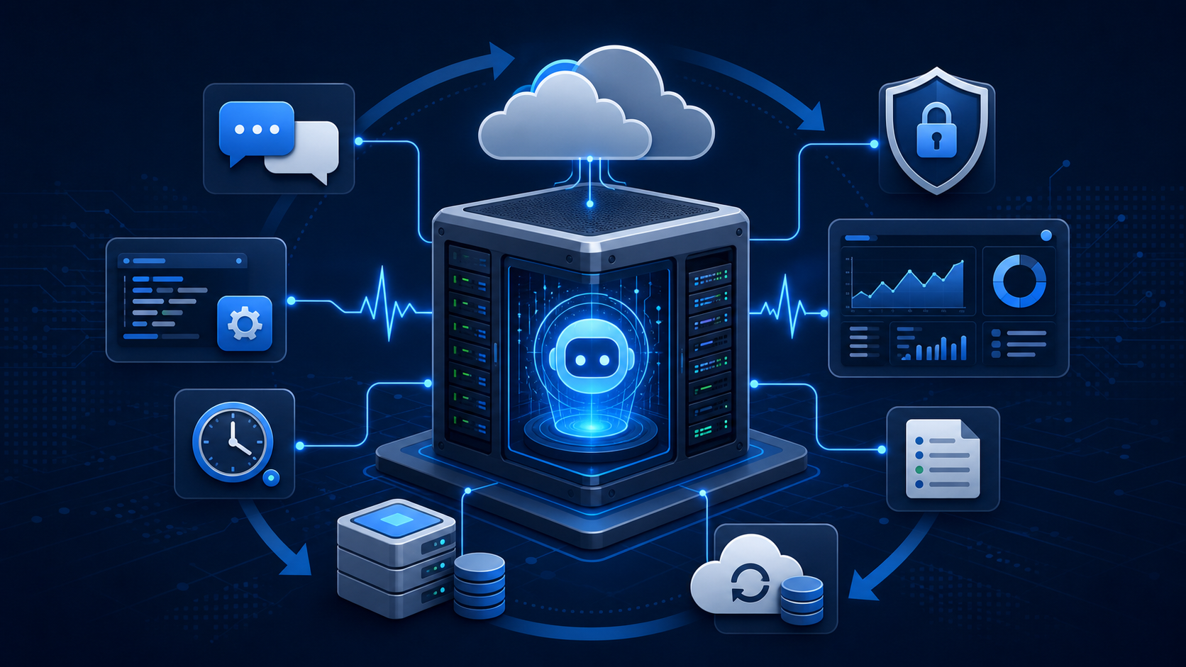 AI agent, n8n workflow ve bot otomasyonları için 7/24 cloud sunucu altyapısı illüstrasyonu