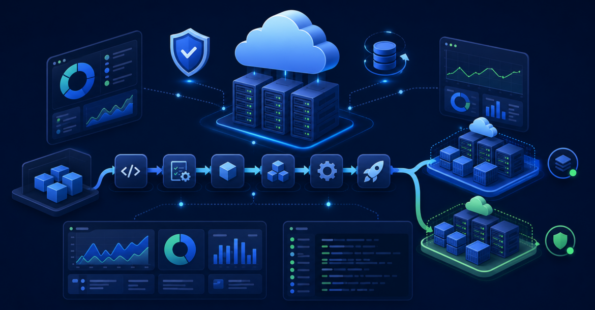Docker, CI/CD, izleme ve production altyapısını gösteren DevOps hizmeti illüstrasyonu