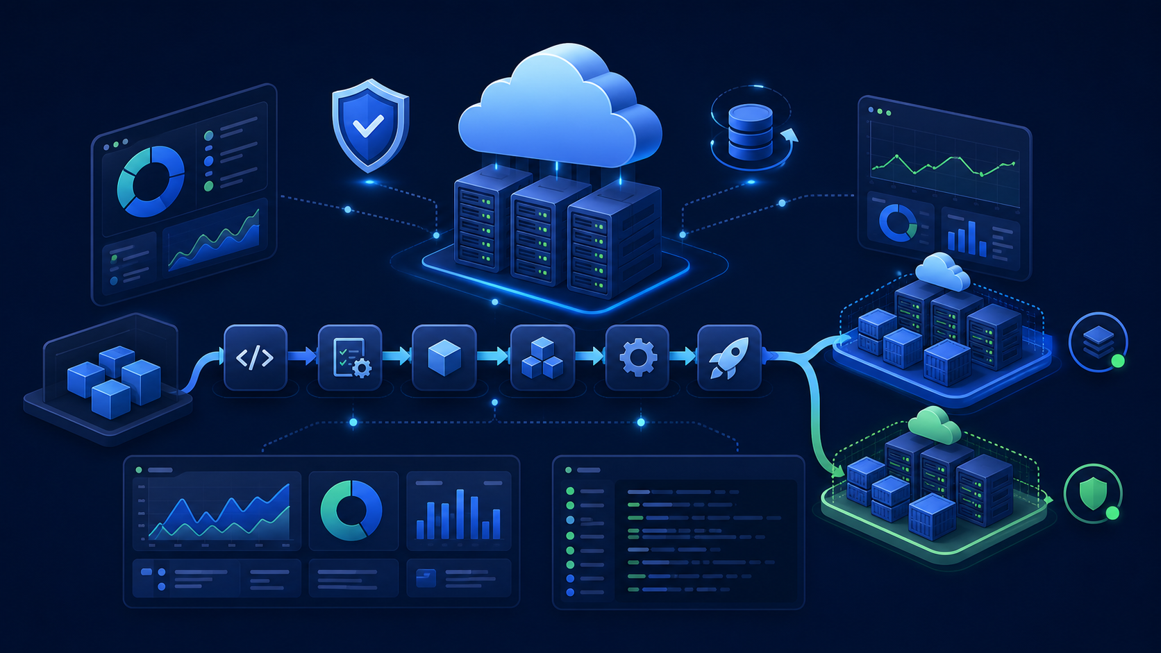 Docker, CI/CD, izleme ve production altyapısını gösteren DevOps hizmeti illüstrasyonu