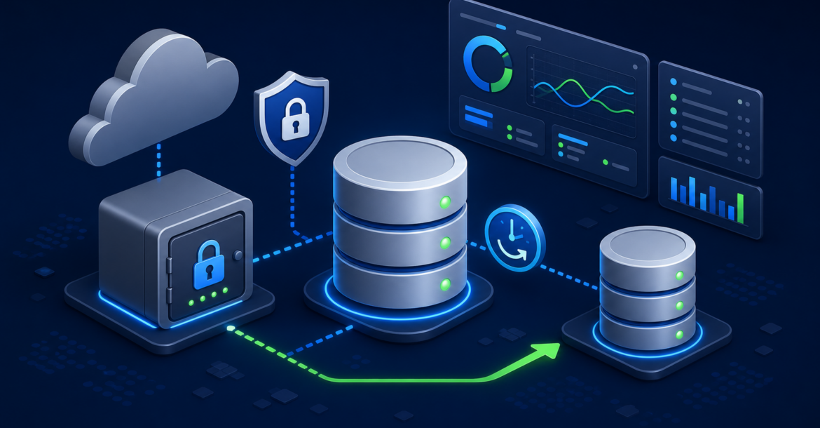 SaaS uygulamaları için PostgreSQL yedekleme, geri dönüş ve izleme altyapısı illüstrasyonu