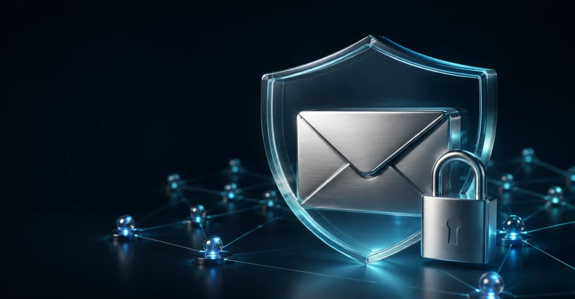 Domain, DNS ve e-posta güvenliğini temsil eden koruyucu kalkan, e-posta zarfı, kilit ve ağ düğümleri