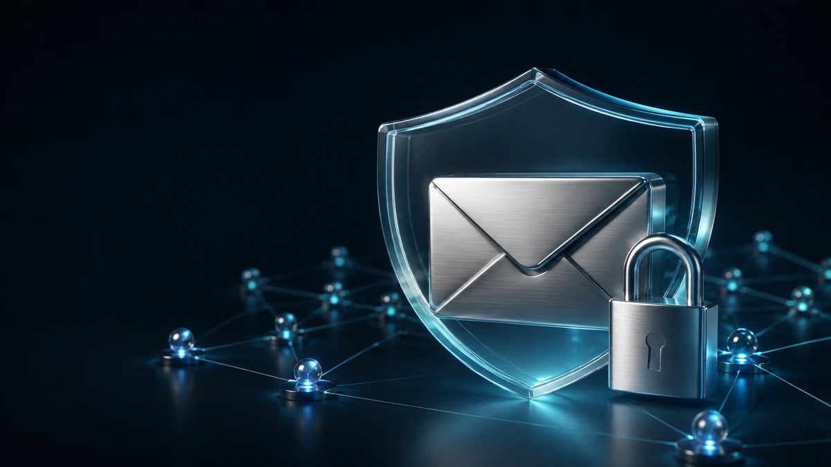 Domain, DNS ve e-posta güvenliğini temsil eden koruyucu kalkan, e-posta zarfı, kilit ve ağ düğümleri
