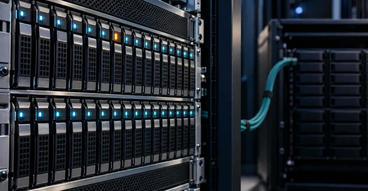 PostgreSQL WAL birikmesi ve disk kapasitesi riskini temsil eden depolama rafları ve amber durum ışığı