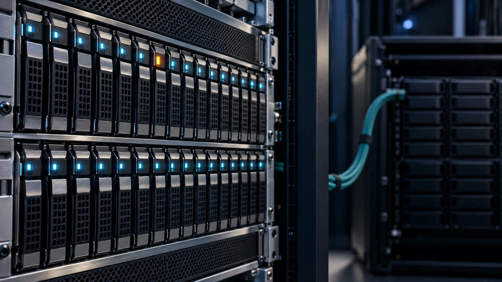 PostgreSQL WAL birikmesi ve disk kapasitesi riskini temsil eden depolama rafları ve amber durum ışığı