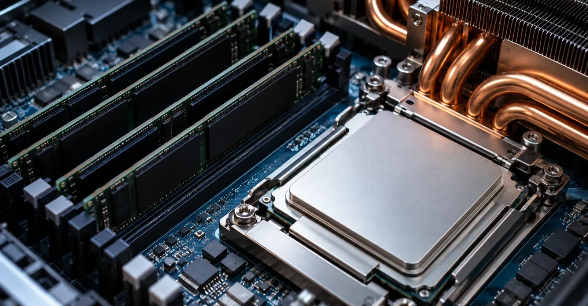 Kubernetes CPU ve bellek kaynak planını temsil eden işlemci, RAM modülleri ve bakır soğutma sistemi