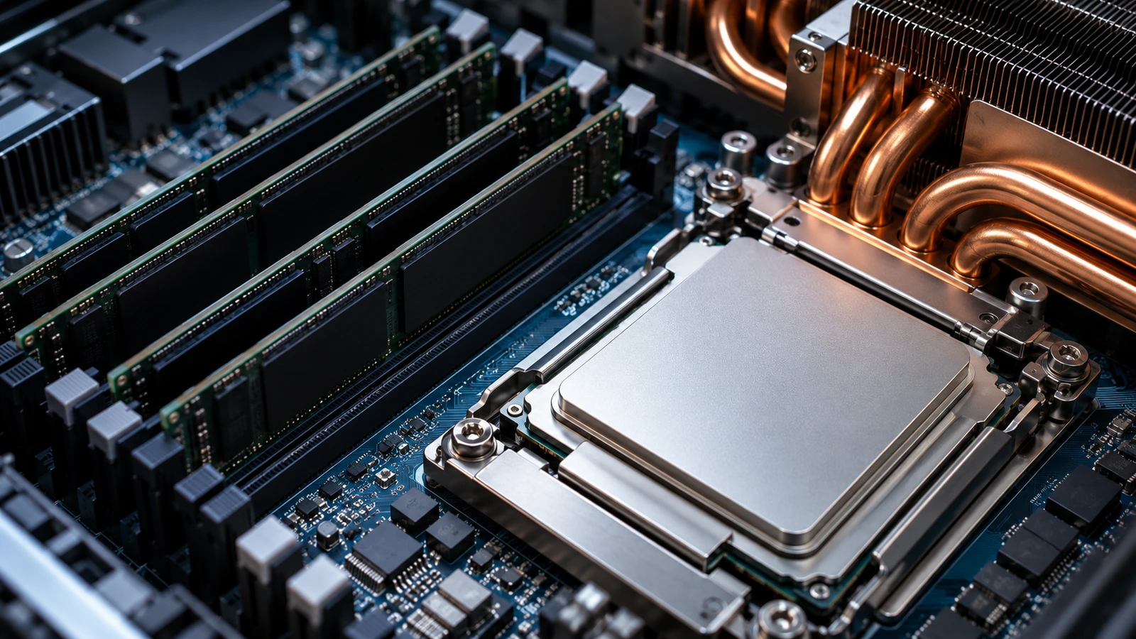 Kubernetes CPU ve bellek kaynak planını temsil eden işlemci, RAM modülleri ve bakır soğutma sistemi